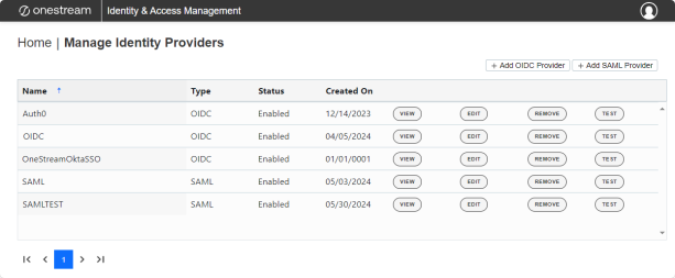 The Manage Identity Providers page has a grid with each identity provider listed in a separate row. Each row includes up to four buttons. Each button is a black oval with black text that is all capitalized for each of the four options: VIEW, EDIT, REMOVE, and TEST. There are two oval buttons in the top right corner above the grid with black text for the two options to add identity providers: + Add OIDC Provider and + Add SAML Provider.